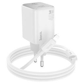 Набір СЗУ HOCO N42 + кабель Lighting, 2xUSB-C, PD45W, кабель 1м, White, Box