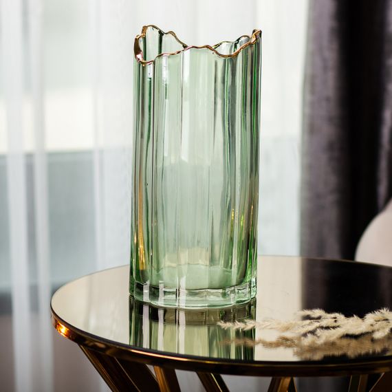 Декоративна ваза із зеленого скла із золотим обідком 24,5 см HP-1715 | Зображення 3