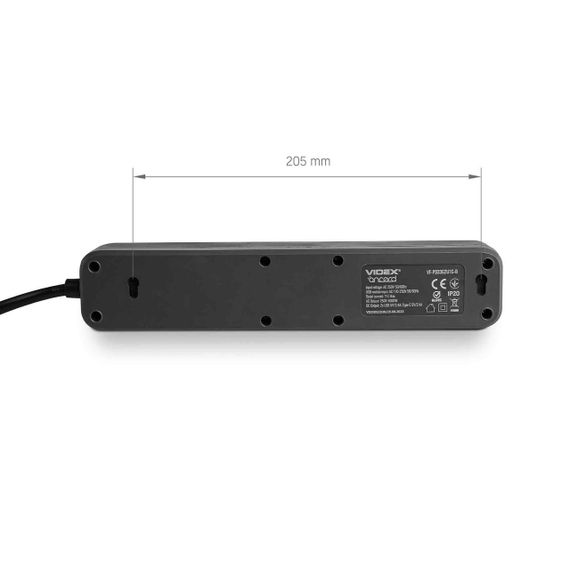 Мережевий подовжувач VIDEX ONCORD з/з 3п 3м (3x1.5мм) 2.4А 2USB+USB-C з кнопкою Black | Зображення 6