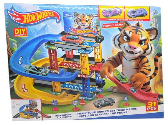 Трек траса три рівня автомобільний дві машинки 31 деталь Hot Wheel автотрек з дорожніми знаками | Зображення 6