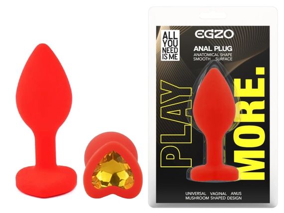 Анальний плаг EGZO Red Heart Plug S, червоний силікон, жовтий кристал у формі серця Sex Aura
