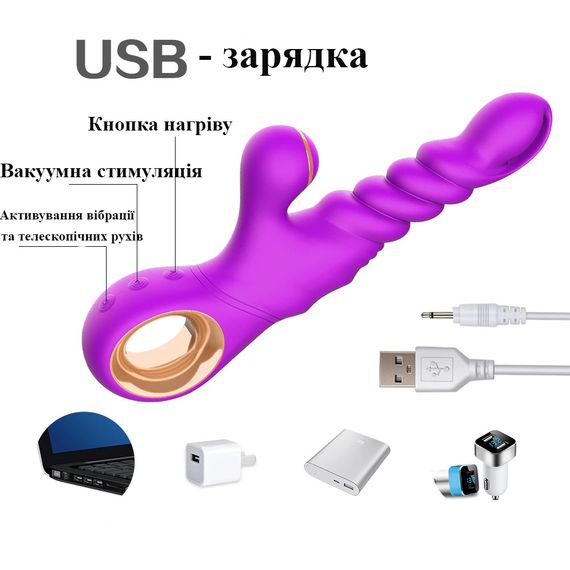 Багатофункціональний вібратор з вакуумною стимуляцією, телескопічними рухами та підігрівом (Фіолетовий, USB) | Зображення 1