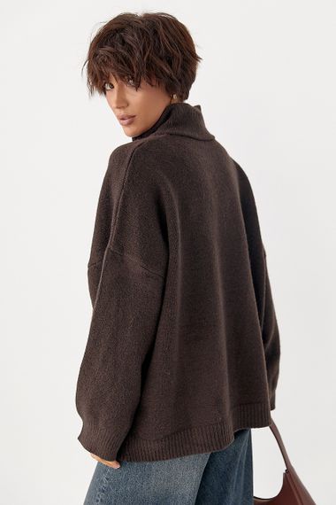 В'язаний кардиган оверсайз на блискавці - темно-коричневий цвет, ONE SIZE (є розміри) | Зображення 1
