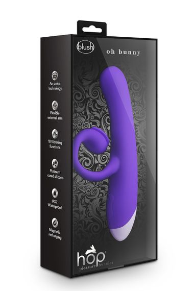 Подвійний вібратор кролик Blush Hop-OH Bunny Midnight — пульсація повітря, 10 режимів, USB, IPX7, UltraSilk | Зображення 2