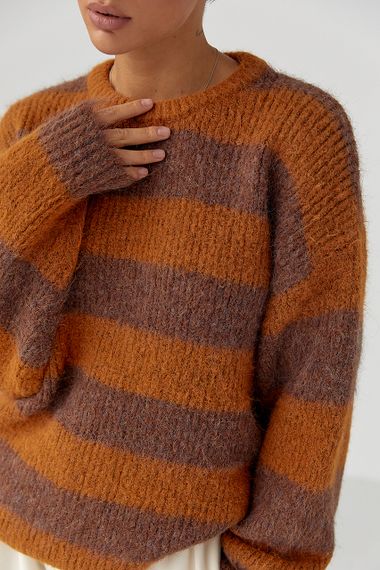 Теплий светр оверсайз у смужку - гірчичний цвет, ONE SIZE (є розміри) | Зображення 3