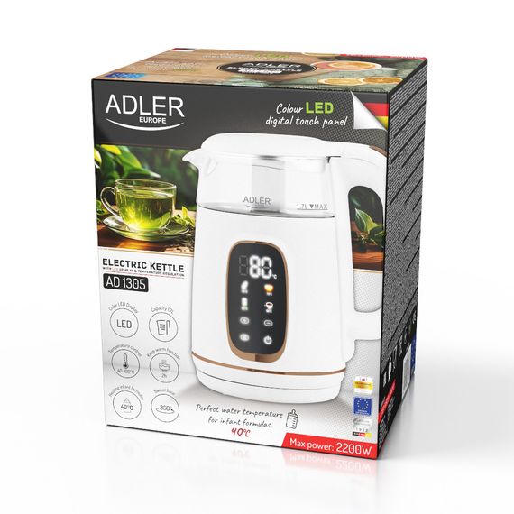 Електрочайник скляний Adler AD 1305 білий/золотий 1,7 л, 2200 Вт, з регулюванням температури | Зображення 9
