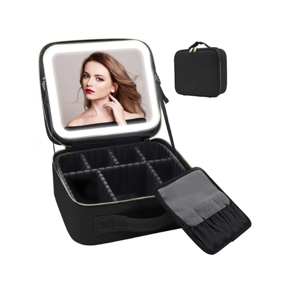 Органайзер для косметики з дзеркалом і LED-підсвіткою, чорний б'юті-кейс для макіяжу та догляду за собою | Зображення 2