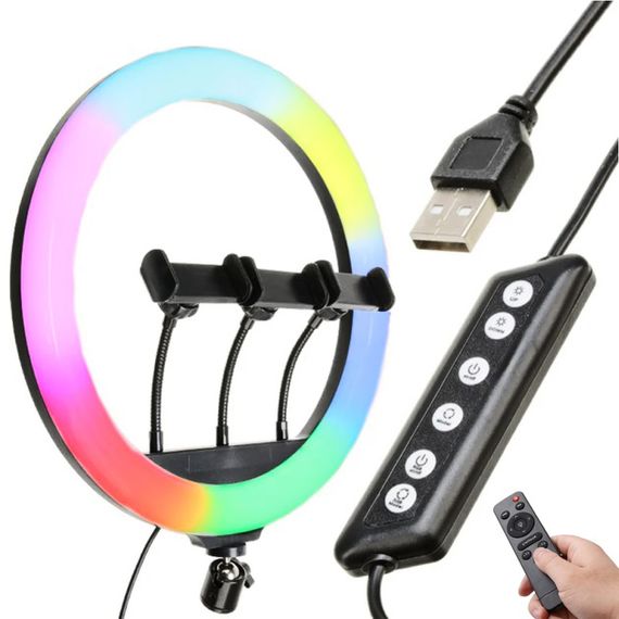 Кільцева LED лампа RGB MJ45 Ring 45 см комплектація адаптер із вбудованим кабелем, тримачі для телефону, пульт | Зображення 2