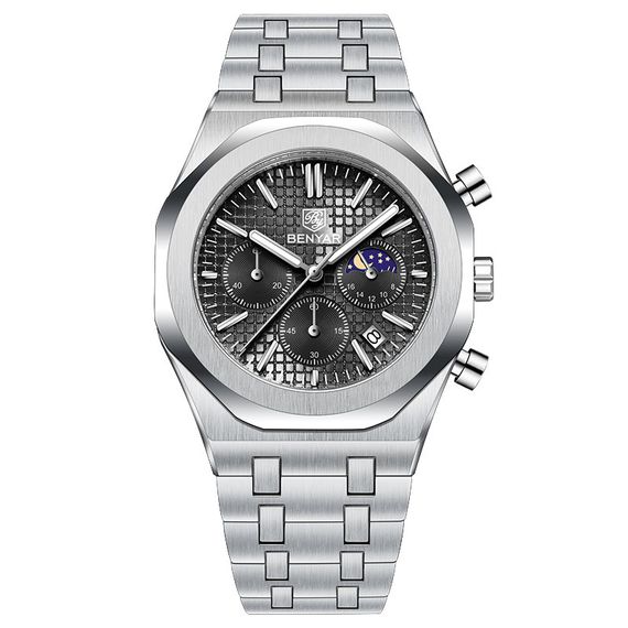 Чоловічий годинник Benyar BY-5228M Silver-Black з хронографом та фазами Місяця