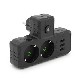 Розетка трійник Т-подібний із заземленням F302-Black, 2 розетки+3USB(1А), 2500W, 10A, 110-250V~Max, Blister