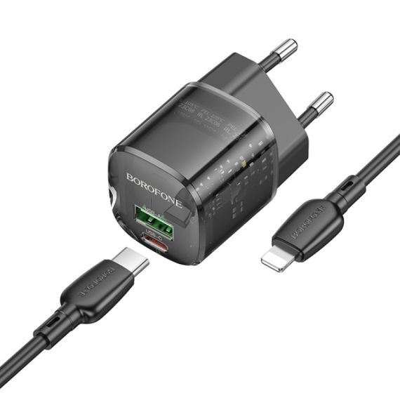 МЗП Borofone BN17 Sunlight PD20W+QC3.0 (1USB-A/1C) + кабель Type-C to Lightning Transparent black | Зображення 2