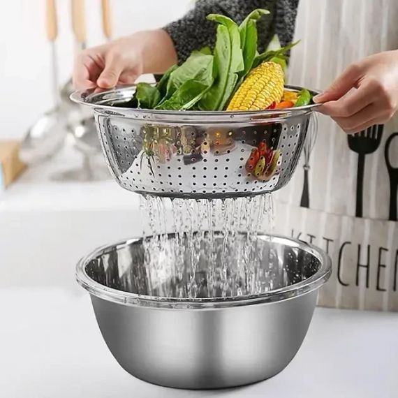 Многофункциональный кухонный набор из нержавеющей стали 3 в 1 Metal Basket Cutter Миска дуршлаг и терка | Зображення 5