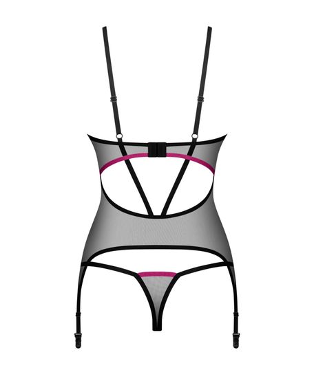 Корсет Obsessive Novenes corset&thong, XS/S, прозрачный, открытая спина, стринги в комплекте, Черный, M/L | Зображення 4