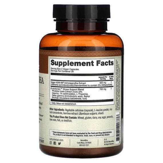 Ашвагандха від стресу, Ashwagandha, NatureWise, 60 вегетаріанських капсул | Зображення 1