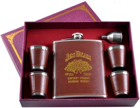 Подарочный набор 6в1 фляга (обтянута кожей), 4 рюмки, лейка "Jim Beam" TZ-6 Коричневый