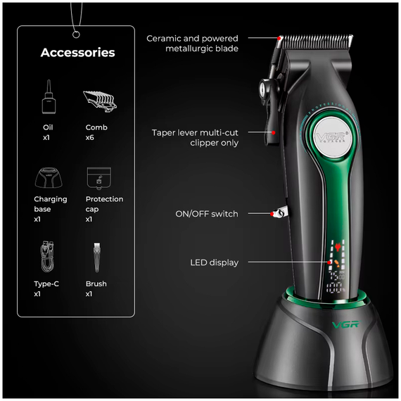 Аккумуляторная машинка для стрижки VGR V-010 GREEN, 6 насадок, 7500 RPM, 2500 mAh, LED дисплей | Зображення 4