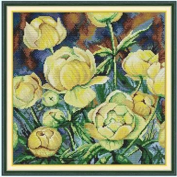 Набор для вышивания по нанесённой на канву схеме "Oil Painting Camellias". AIDA 14CT printed 37*37 см