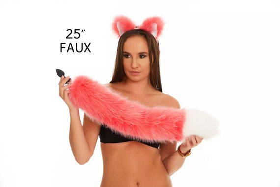 Анальний хутряний хвіст без пробки, Яскраво-рожевий з білим кінчиком, OKOVA 60 см. Sex Aura