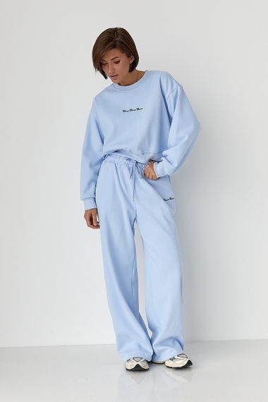 Спортивний костюм із плюшевим начісом з коротким світшотом та штанами палаццо - блакитний цвет, S/M (є розміри)