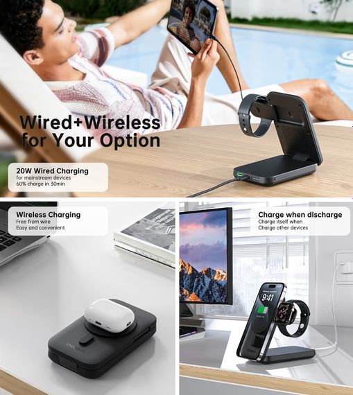 УМБ Choetech Magnetic Wireless 10000mAh 20W PD,QC USB-C,USB-LightningQi-2 15W,AppleWatch charg Black | Зображення 3