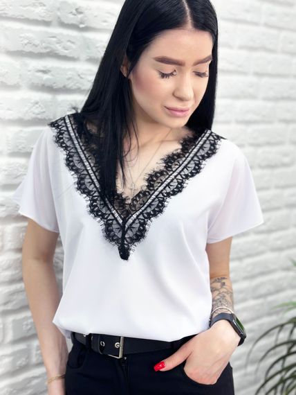 Женская летняя легкая блузка софт с коротким рукавом и кружевом GF4717 цвет белый, размер 46/48 | Зображення 1