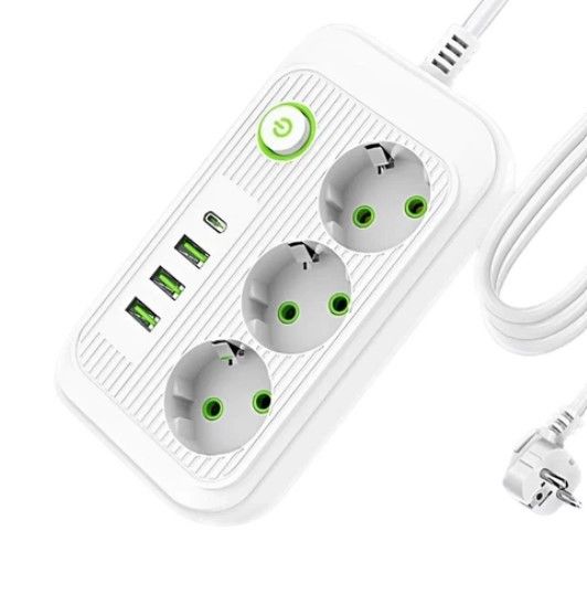 Мережевий фільтр Power Socket подовжувач 3 м для дому та офісу 4 USB-порти 3 розетки 5V 2.4A 2500 Вт Білий | Зображення 1