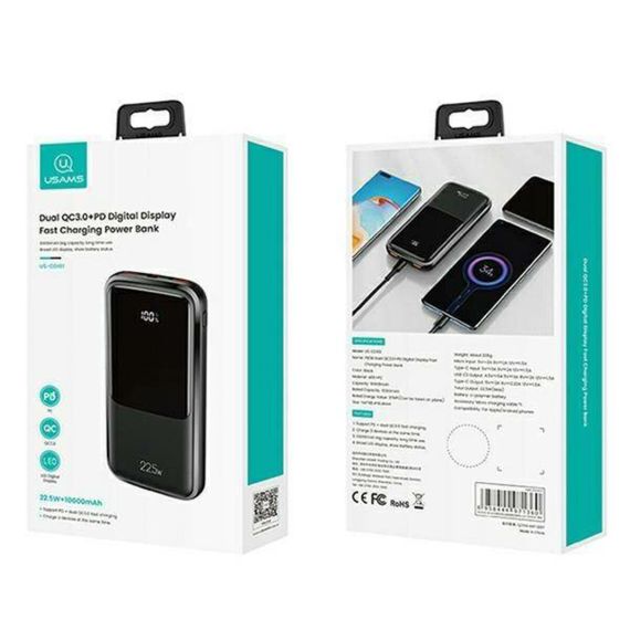 Зовнішній акумулятор Usams US-CD161 PB58 Dual QC3.0+PD Display 10000 mAh Black | Зображення 2