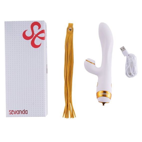 Вибратор-кролик с пульсацией и флоггером LOCKINK SEVANDA Whip Vibrating Massage Wand, бело-золотой | Зображення 7