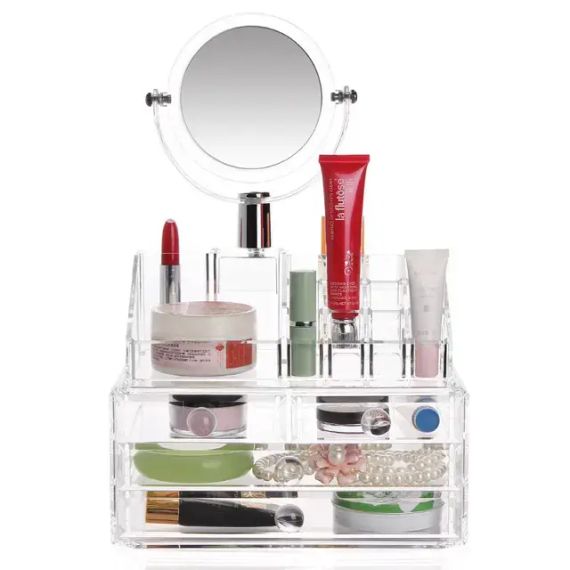 Акриловый органайзер для хранения косметики с зеркалом ,настольный бокс,Cosmetic Storage Box,TS