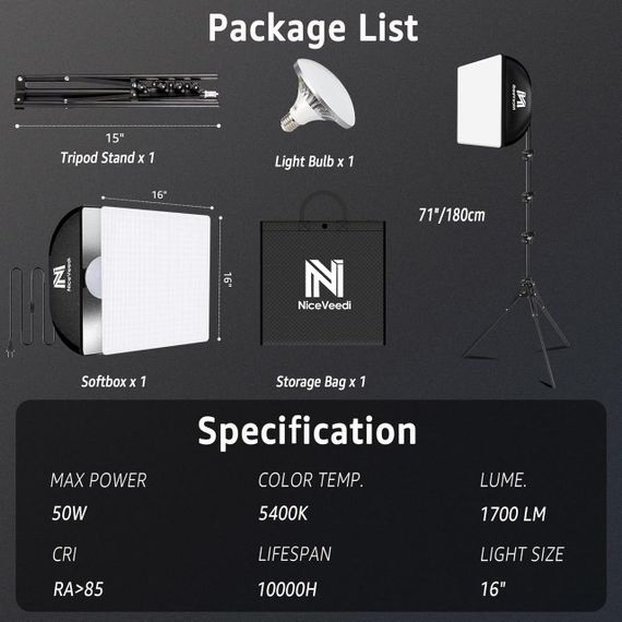 Комплект софтбоксу NiceVeedi 16" x 16" з LED-лампою 5400K та штативом 150 см | Зображення 4