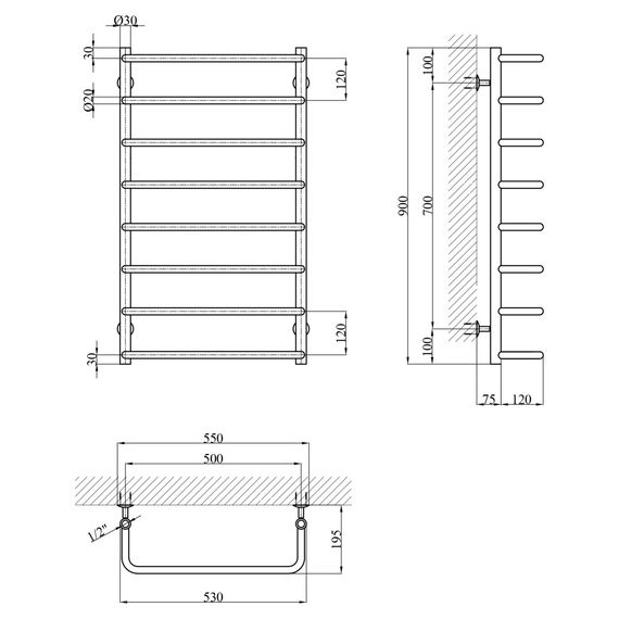 Сушарка для рушників водяна Kroner KRP Stil WT900x500-8 (CV036316) | Зображення 4