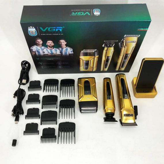 Комплект 3 в 1 VGR V-694 акумуляторна машинка для стрижки, триммер та електробритва шейвер. Колір: золотий | Зображення 1