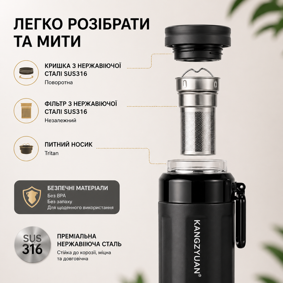 Термос-бутылка KANGZYUAN 600 мл (0.6 л) вакуумная из нержавеющей стали, черная: для воды, чая, кофе, спорта, авто | Зображення 2