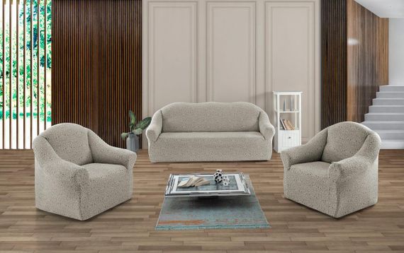 Жаккардовый чехол на диван + 2 кресла Stone без юбки ванильный