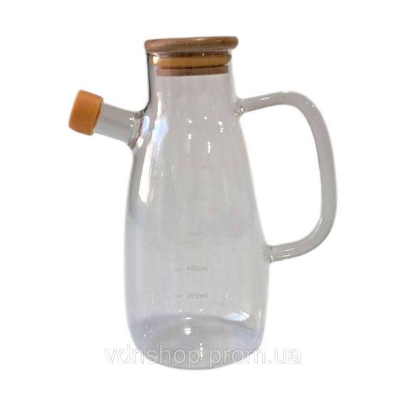 Стеклянная бутылка для масла и уксуса с носиком и дозатором 650 мл, деревянная крышка, квадратная ручка HP-34-1-650 | Зображення 1