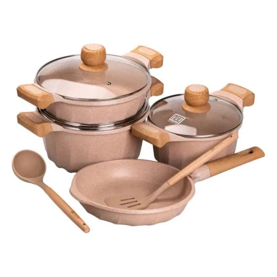 Набір посуду, 3 каструлі, сковорода, алюмінієва товстодонна MGC з лопаткою та ополоником, бежевий HP-4-401CR | Зображення 1