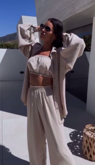 Женский летний костюм тройка брюки палаццо + рубашка + топ-бандо LY25030 цвет бежевый, размер 42/44 | Зображення 4