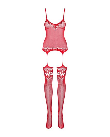 Бодістокінг Obsessive Bodystocking F214 red S/M/L, імітація корсета та панчіх на підв’язках sexstyle | Зображення 5