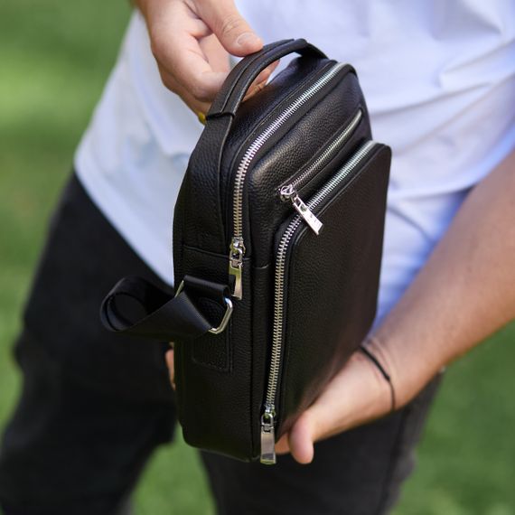 Чоловіча сумка-барсетка через плече шкіряна чорна з ручкою Tiding Bag M61693 | Зображення 2