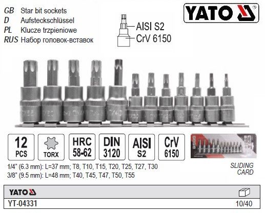 Набор головок со вставкою TORX 1/4": Т8-Т30 3/8": Т40- Т55 12 штук YATO Польща YT-04331