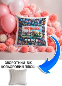 Подушка плюшева Мерч Крафт Дизайн з принтом roblox 1 імя Мирон сірий плюш квадратна 33х33 см