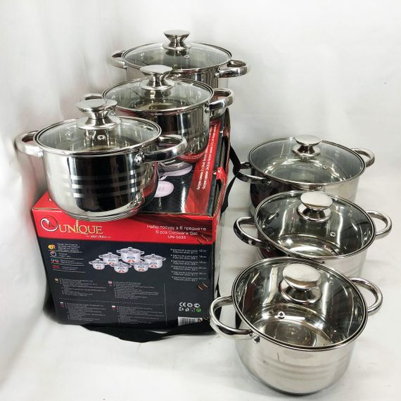 Набір каструль UNIQUE UN-5035 з нержавіючої сталі з товстим дном в 5 шарів з кришками, 12 предметів | Зображення 9