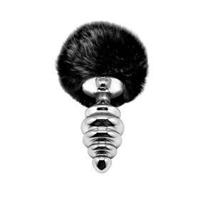 Металева анальна пробка Кролячий хвостик Alive Fluffy Twist Plug L Black, діаметр 3,8 см Sex Aura
