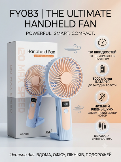 Портативный ручной вентилятор Handheld Fan FY083 пластиковый с подставкой и крючком LED дисплей 120 скоростей 1 Вт Голубой | Зображення 1