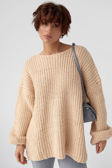 Однотонний джемпер крупної в'язки - бежевий цвет, ONE SIZE (є розміри) | Зображення 4