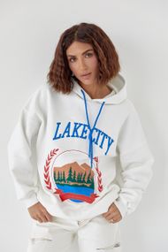 Утепленное худи с принтом и надписью Lake city - молочный цвет, L (есть размеры)