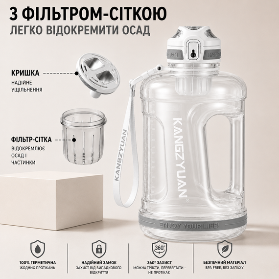 Бутылка для воды KANGZYUAN 2200 мл Tritan BPA Free Белая (с ручкой и ремешком) | Зображення 3