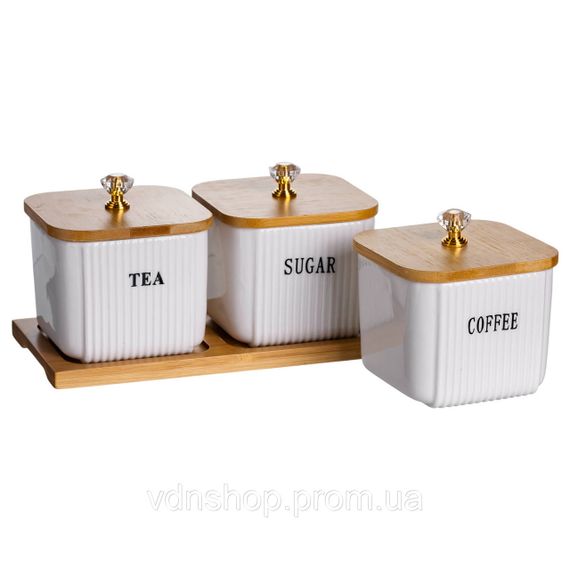 Набор фарфоровых квадратных банок для сыпучих на подставке 3 шт по 350 (мл) для чая кофе сахара SCT-643 | Зображення 4