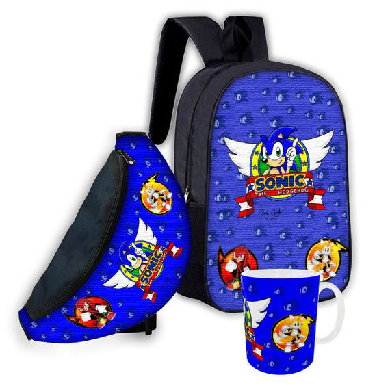 Набор детский Супер Соник рюкзак 36х27см сумка-бананка,кружка с принтом для мальчика (01590)