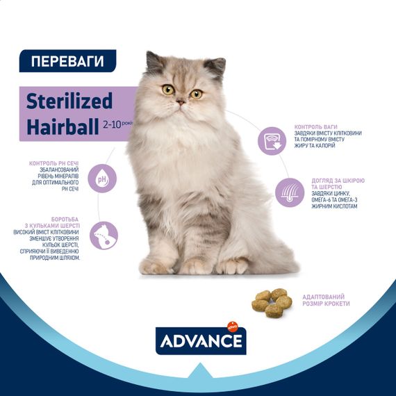 Сухий корм для виведення вовни у стерилізованих котів Advance Cat Sterilized Hairball, 10 кг | Зображення 2